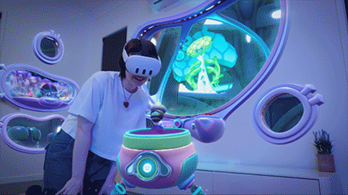 Person wearing a virtual reality headset interacting with a colorful, futuristic environment.