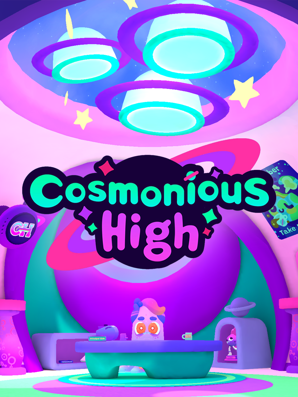 Colorful ceiling with glowing lights and stars, large sign reading 'Cosmonious High,' decorated with space-themed elements, a desk with a character, and various sci-fi decorations in a vibrant, futuristic setting.