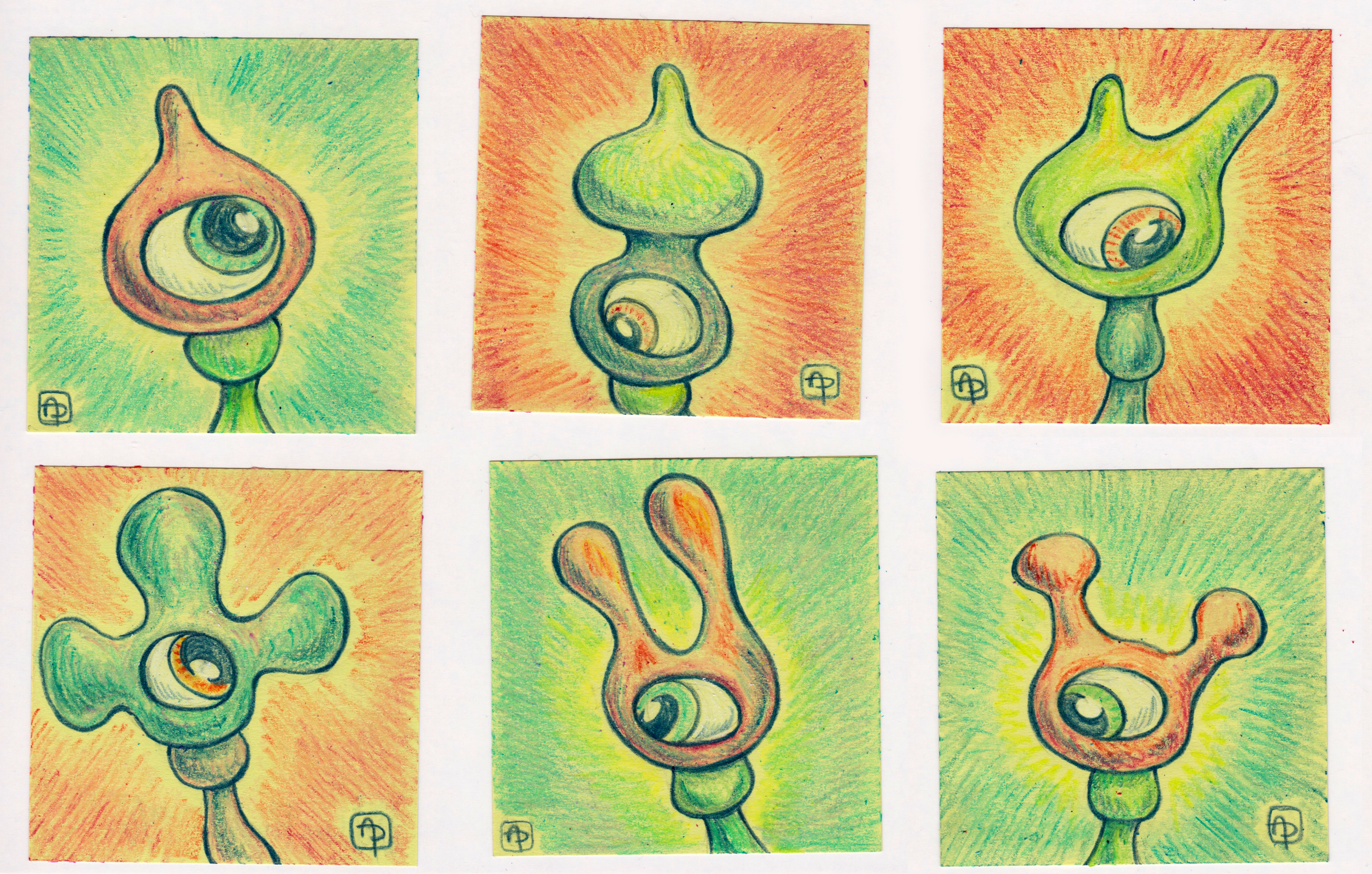 Six colorful abstract drawings of a surreal creature with a large eye, each with different shapes and background colors.
