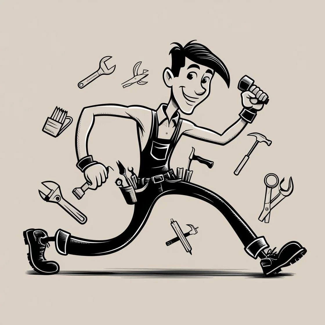 Cartoon of a smiling handyman running with tools floating around him, including a wrench, pliers, hammer, screwdriver, and paintbrush.
