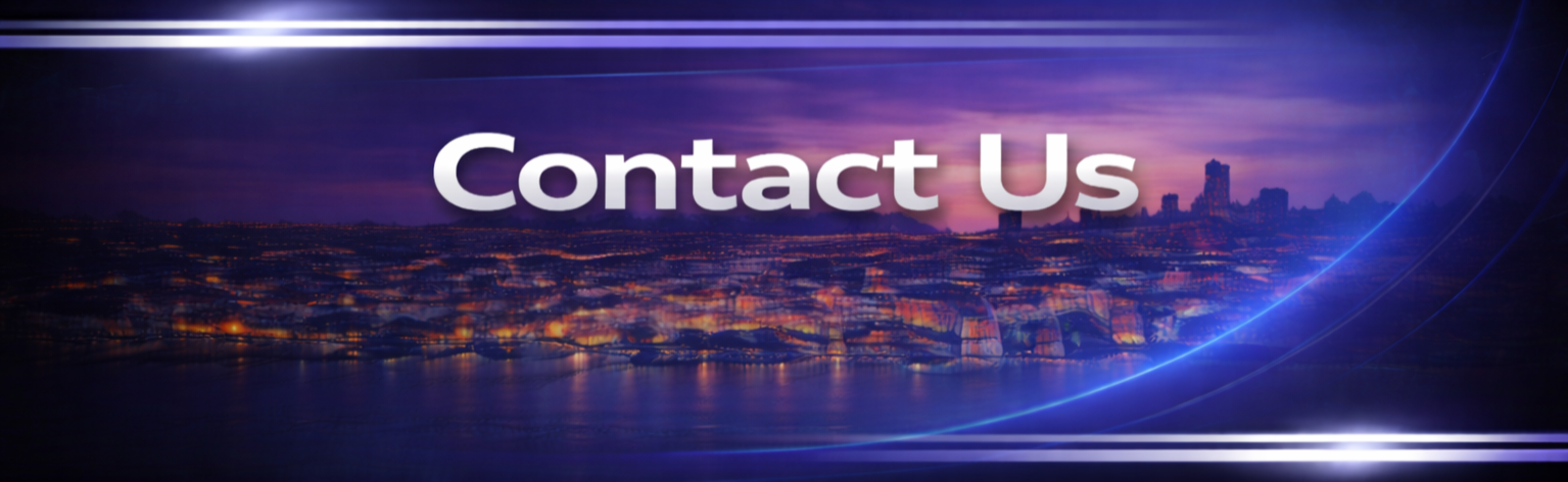 Nighttime city skyline with the text "Contact Us" in large letters overlaid on the image.