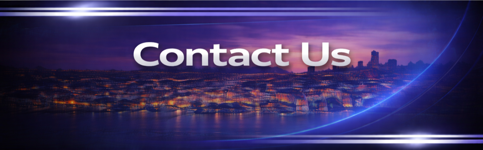 Night cityscape with purple and orange sky, illuminated city buildings, and the text 'Contact Us' in large white font.