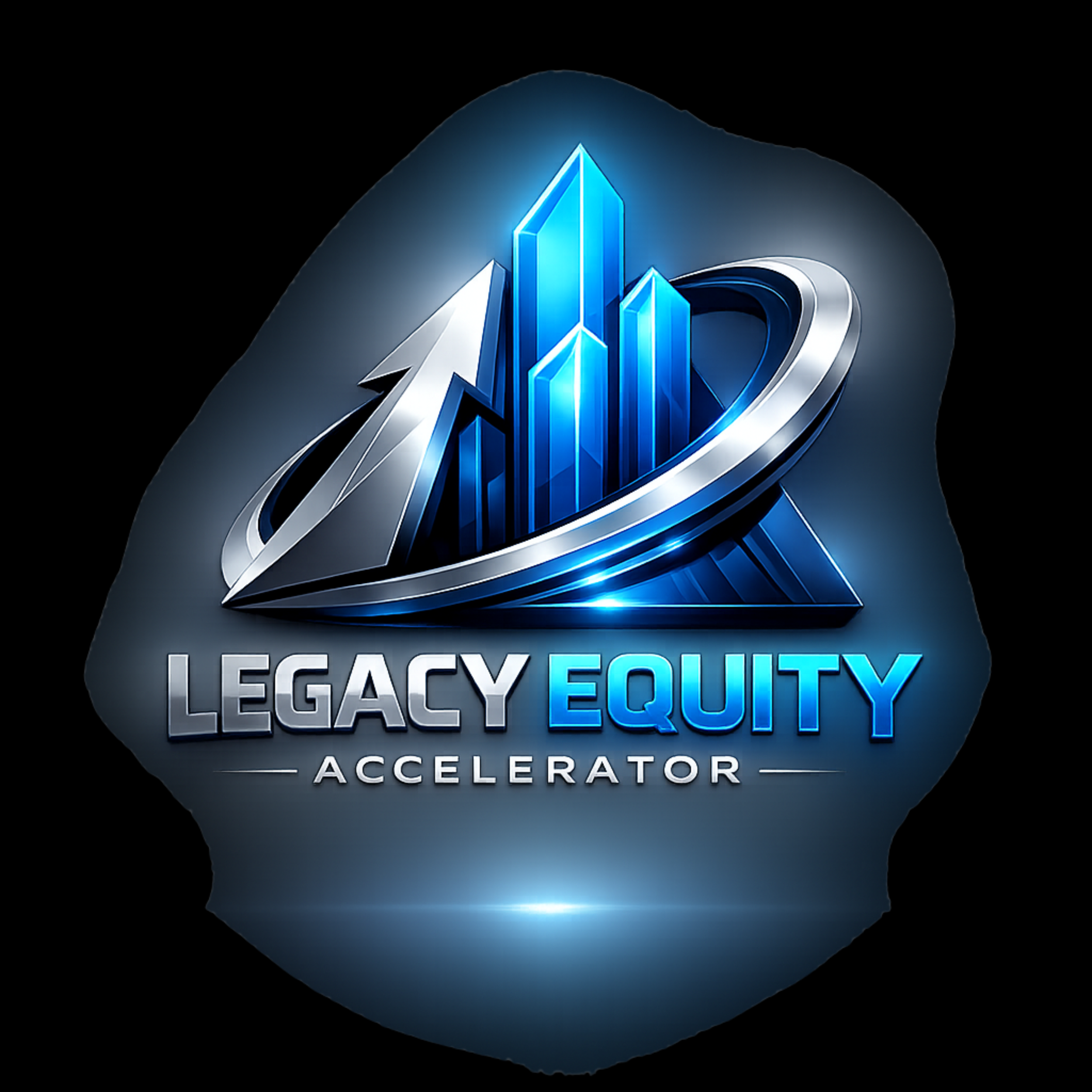Logo for Legacy Equity Accelerator featuring a stylized city skyline with ascending bars and an arrow, in blue and silver tones.