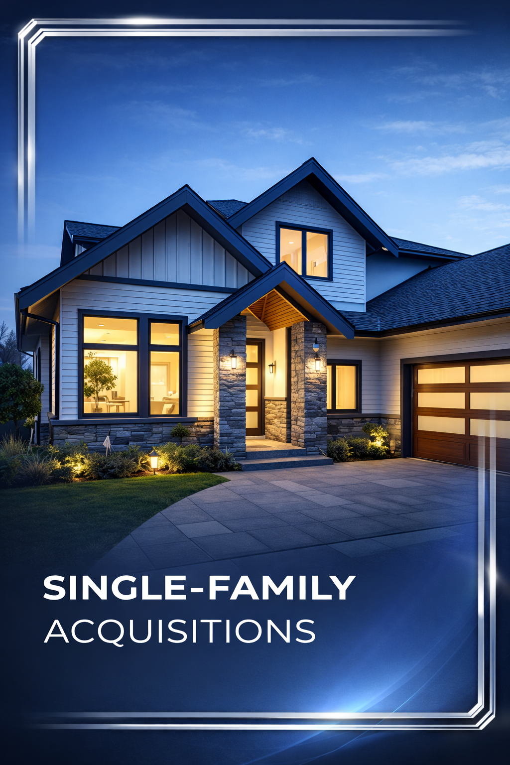 A modern house illuminated at dusk with a landscaped front yard and a driveway.