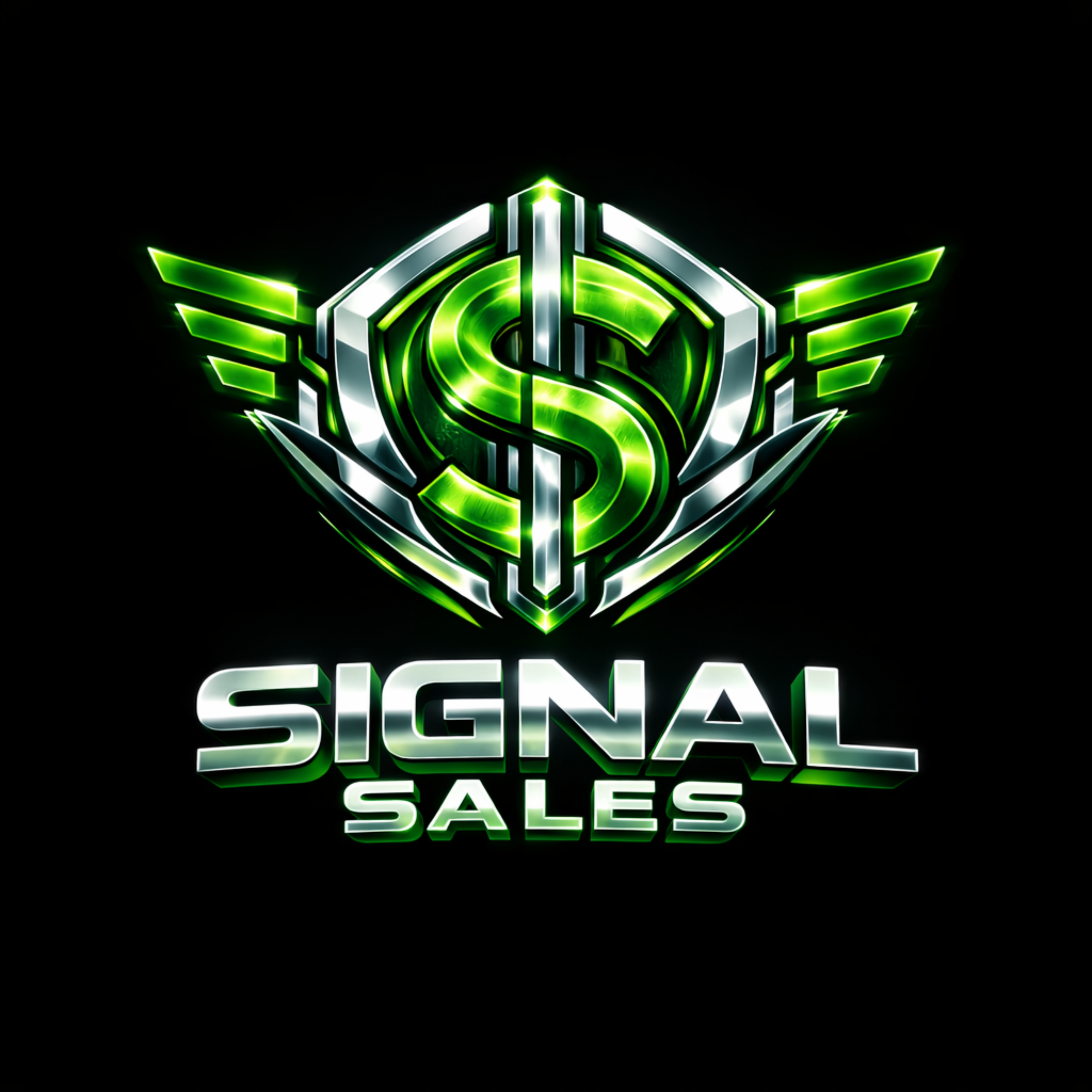 Futuristic logo with a green dollar sign at the center, surrounded by metallic shield and wing elements, with the text 'SIGNAL SALES' below in glowing silver and green lettering.
