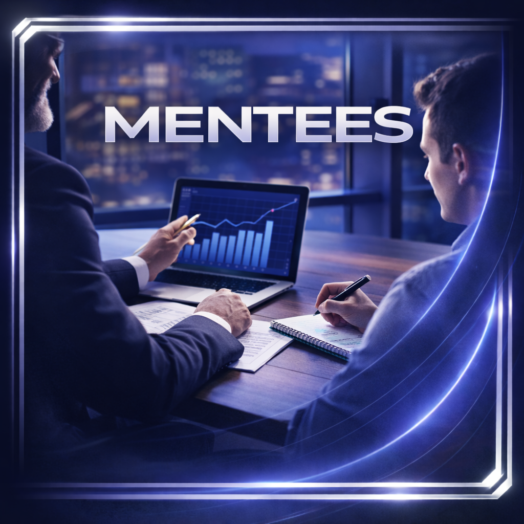 Two men in business attire having a meeting in a high-rise office at night, with a city skyline in the background, discussing financial charts on a laptop and notepads, with the word 'MENTEES' overlayed.