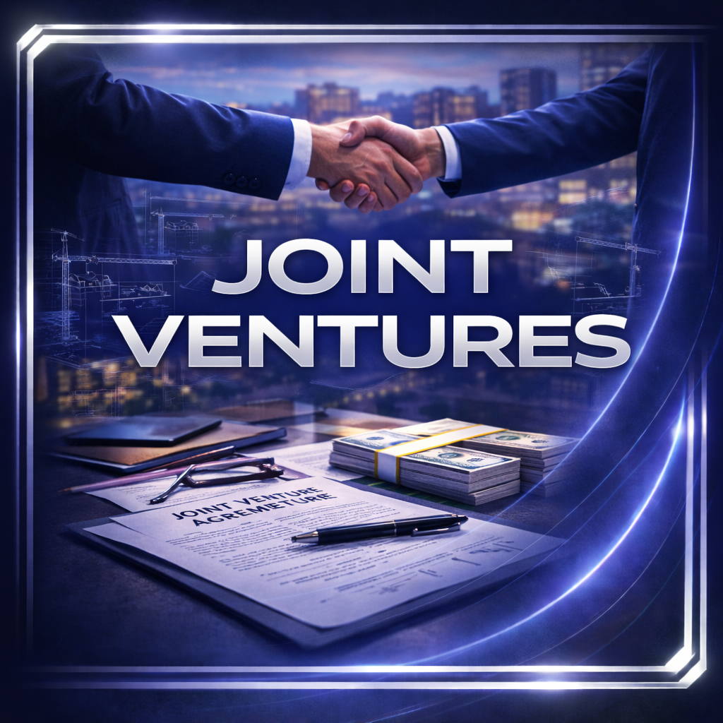 Two businesspeople shaking hands over a table with a joint venture agreement, stacks of money, and office supplies, with a city skyline in the background.