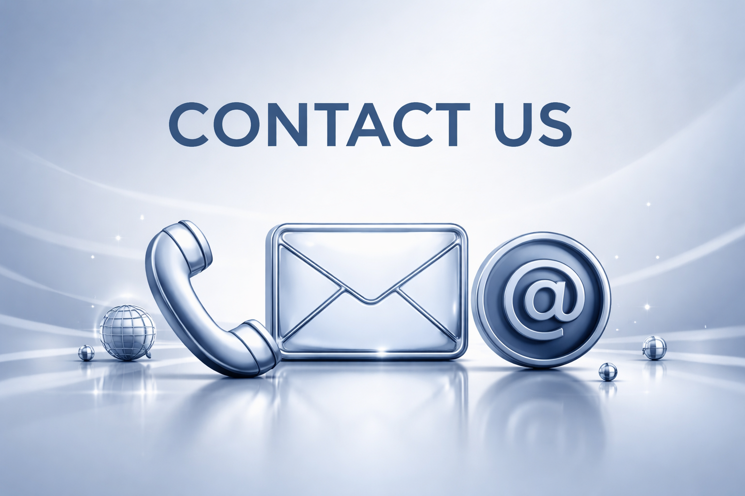 Digital icons of a telephone, email envelope, and at symbol with the text 'Contact Us' above.