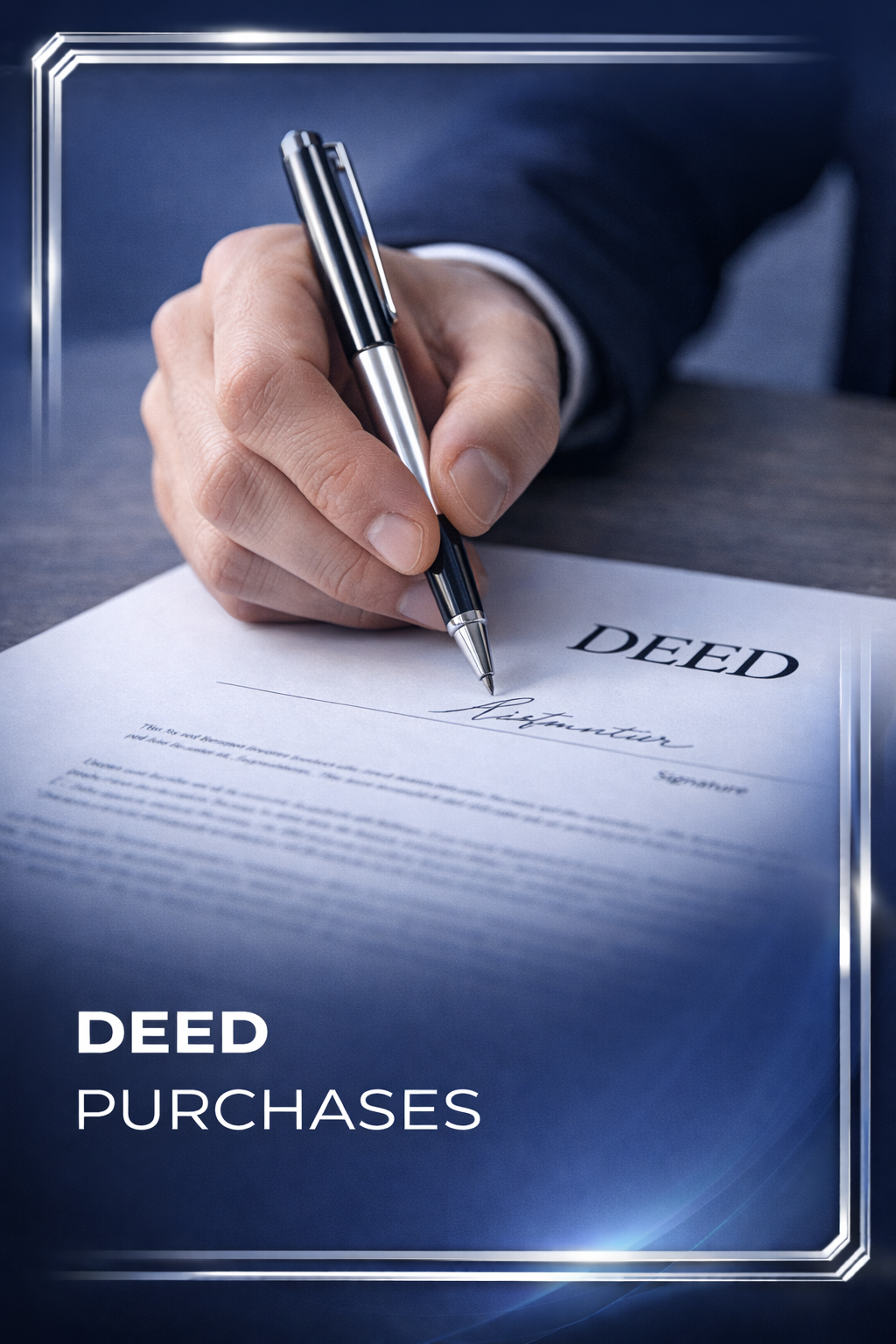 A person in a suit signing a deed document titled 'DEED PURCHASES' with a silver pen.