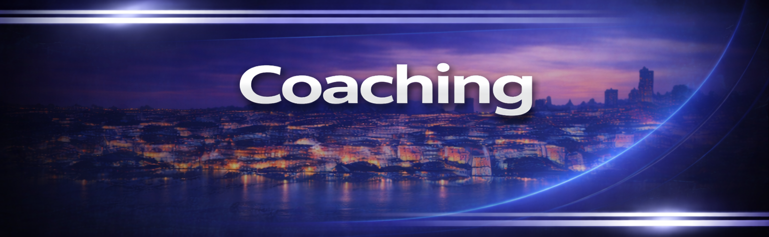 Nighttime cityscape with lit buildings and a purple sky, with the word 'Coaching' in bold white letters and digital design elements.