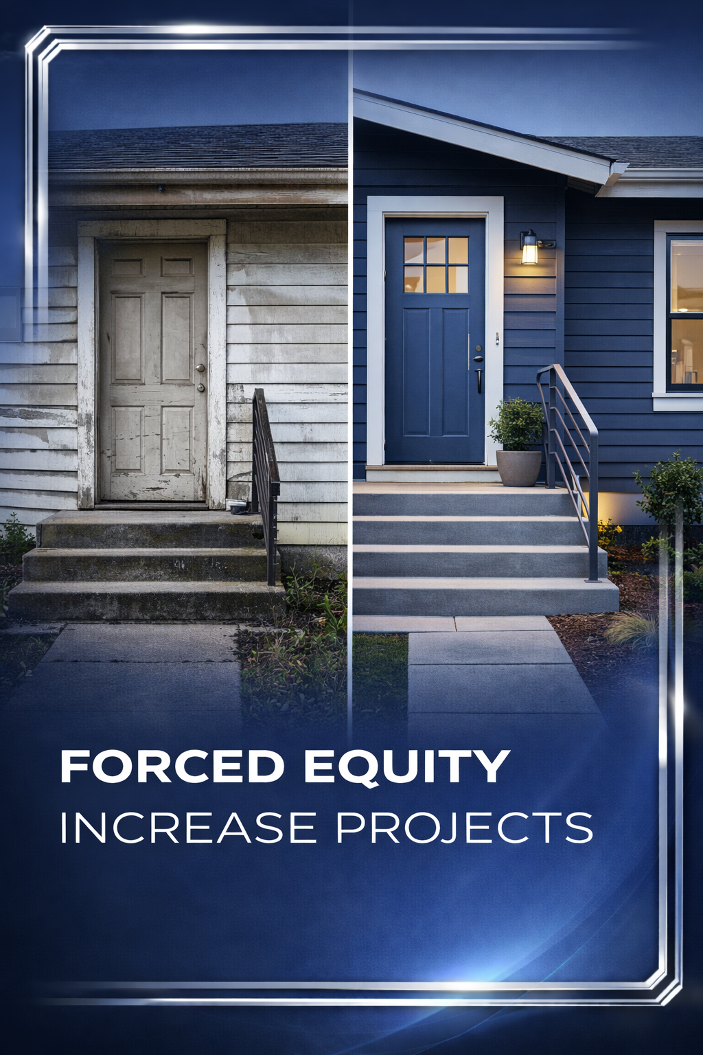 Side-by-side comparison of two house entrances, one older and weathered, the other modern and newly renovated, with the text 'Forced Equity Increase Projects' below.