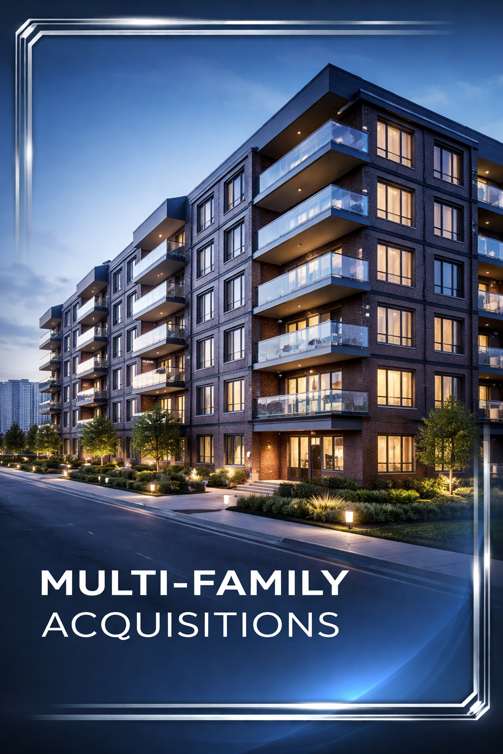 Exterior view of a modern multi-story apartment building at dusk with illuminated windows and balconies, landscaped walkway with trees and lights in front, and city skyline in background.
