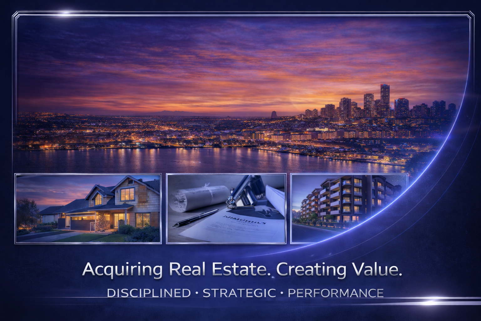 Night cityscape with river, with a skyline of tall buildings in the distance, and smaller residential and commercial buildings in the foreground. Below, three images show a house, insurance documents with a pen, and an apartment building. Text reads, 'Acquiring Real Estate. Creating Value. Discipled. Strategic. Performance.'