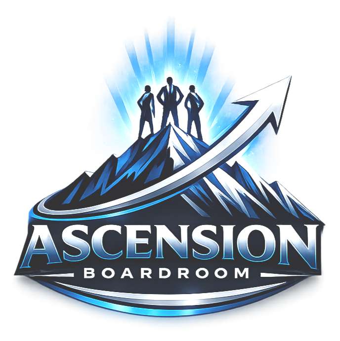 Logo featuring three businesspeople standing on mountain peaks with an upward arrow, and the text 'Ascension Boardroom'.