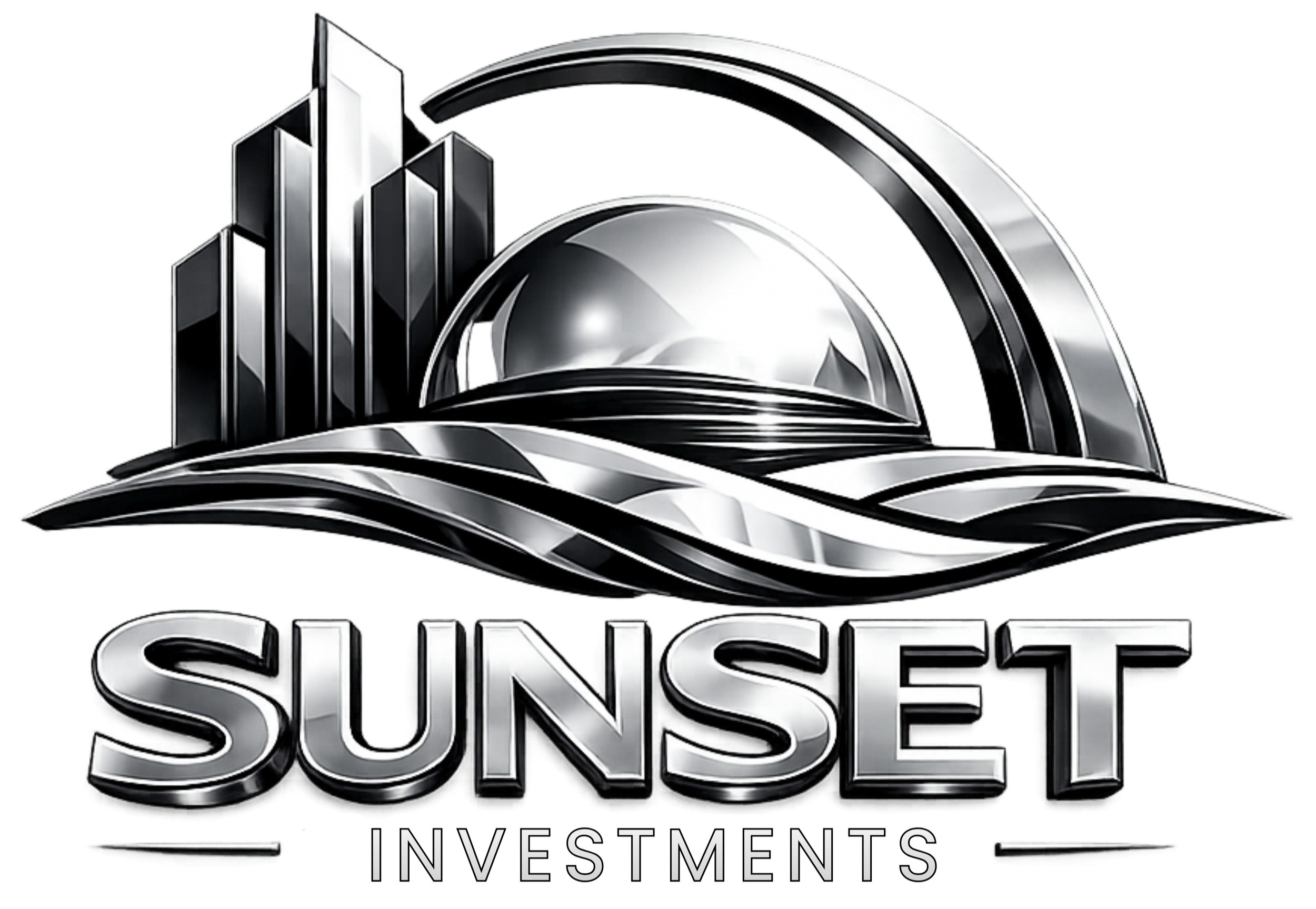 A logo for Sunset Investments featuring metallic silver and black elements, with stylized buildings, a sun, and abstract waves, and the text 'Sunset Investments'.