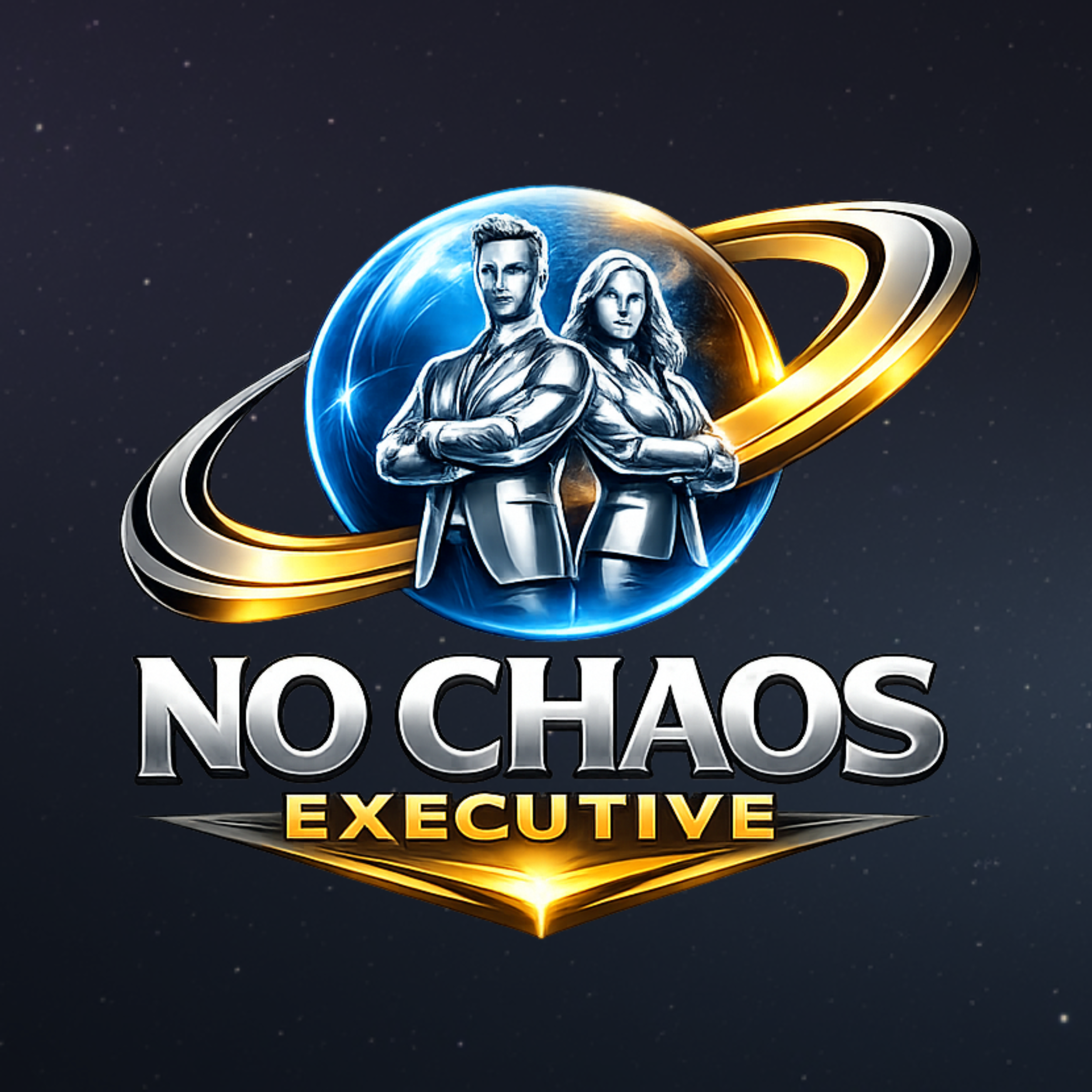 Logo for 'No Chaos Executive' featuring a male and female character in silver suits with crossed arms inside a globe with rings around it, set against a starry space background.