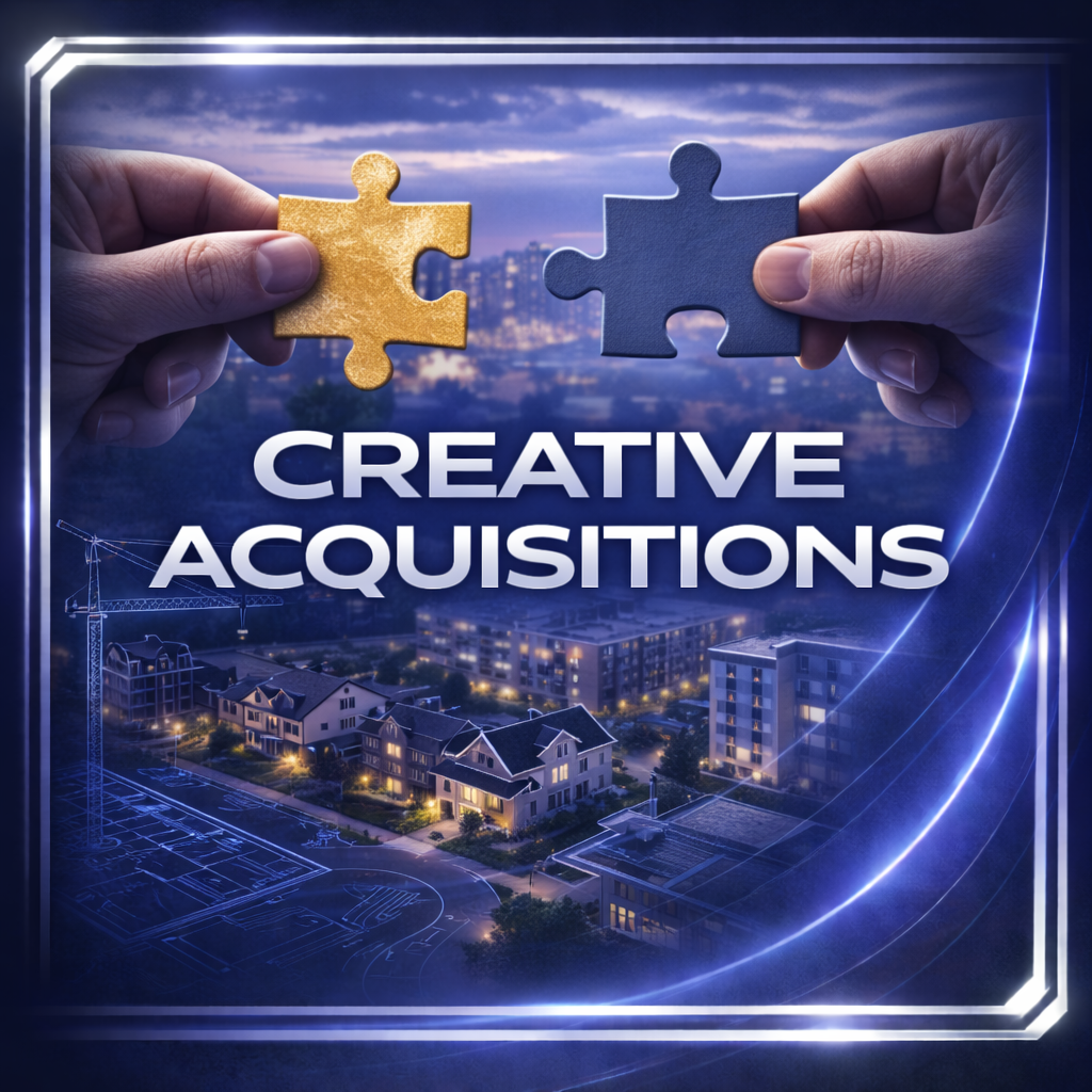 Two hands holding puzzle pieces, one gold and one blue, with a cityscape background and the words 'Creative Acquisitions' in bold white text.