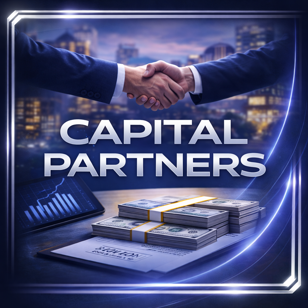 Two individuals exchanging a handshake above a table with stacks of money and a laptop, with the words 'Capital Partners' overlayed.
