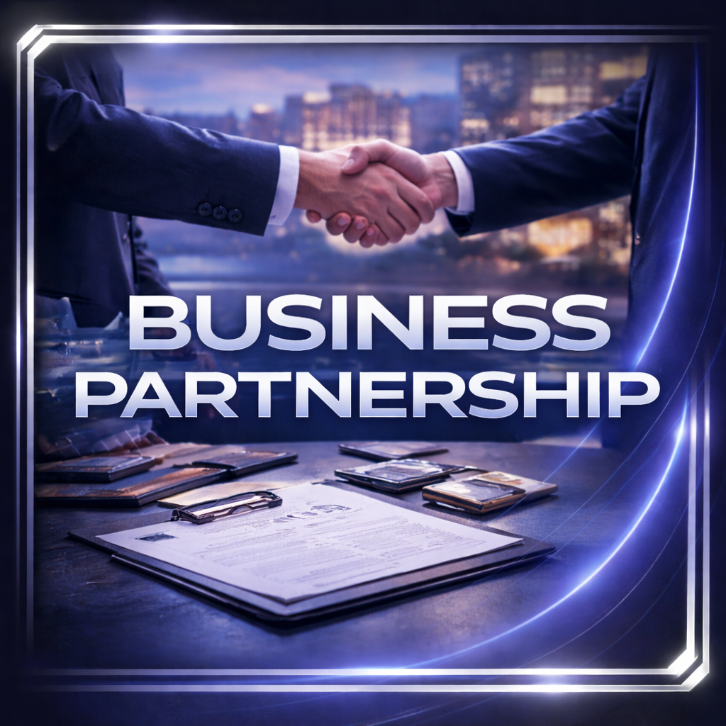 Two people in suits shaking hands over a table with documents and folders, with a city skyline in the background. Text overlay reads 'Business Partnership'.