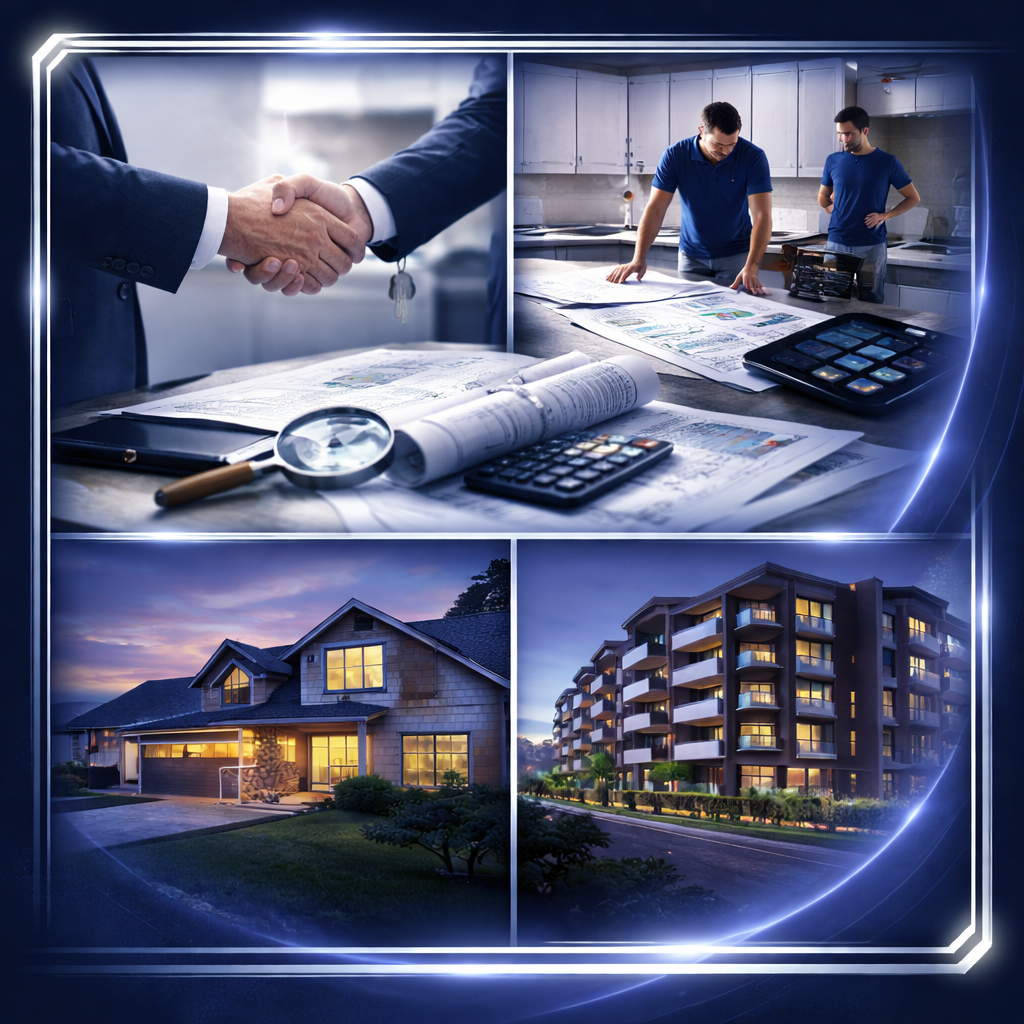 Collage of images related to real estate sales and construction including a handshake over architectural plans, two men reviewing blueprints in a kitchen, a house at dusk with lights on, and an apartment building at night.