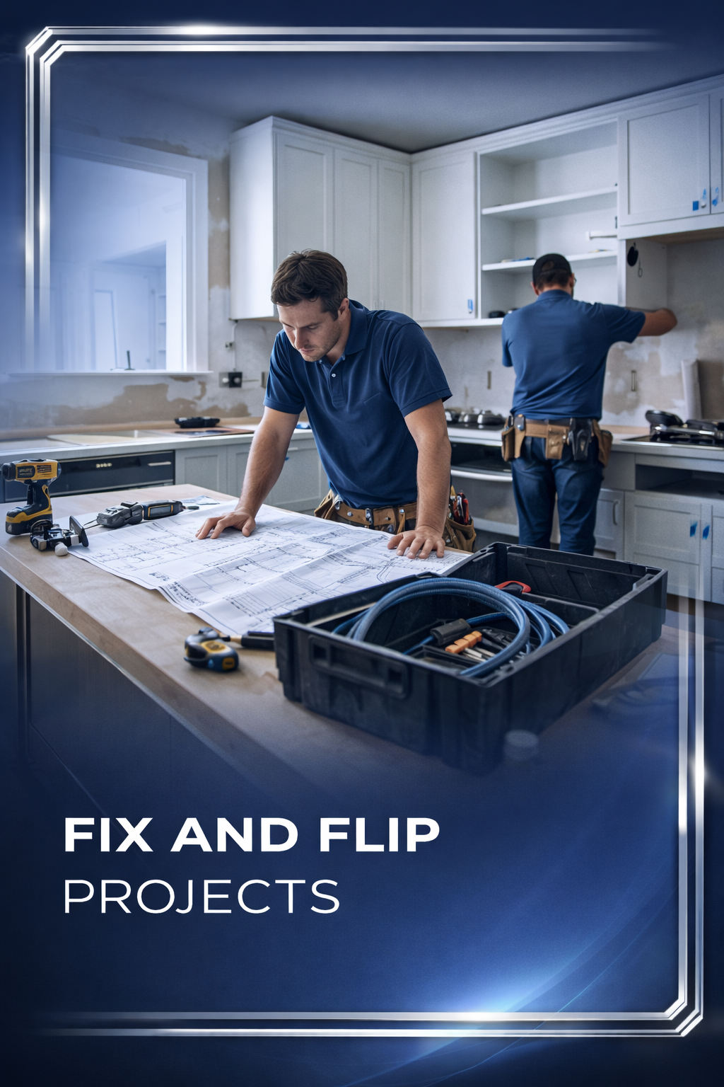 Two workers in blue shirts and tool belts working on a kitchen renovation, one reviewing blueprints on a counter and the other installing cabinets, with tools and a toolbox on the counter.