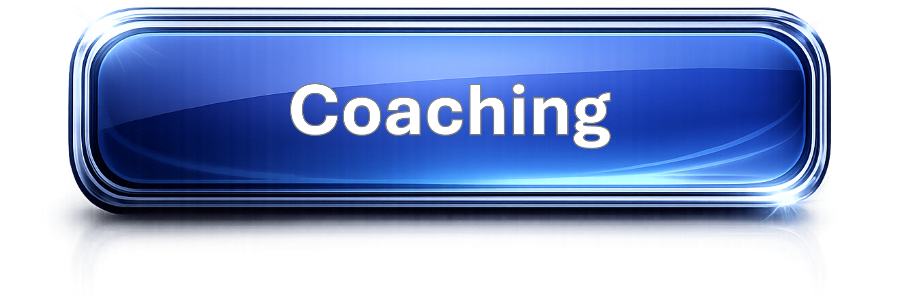 A shiny blue 3D button with the word 'Coaching' in white text, featuring reflective surfaces and a metallic border.