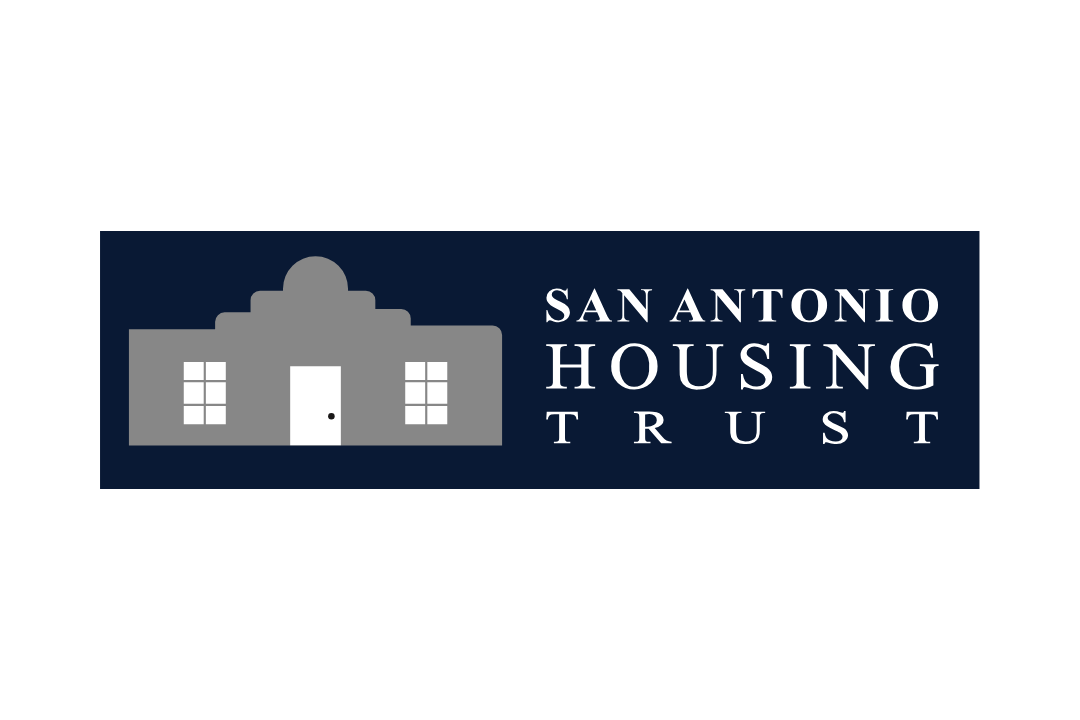 Logo of San Antonio Housing Trust featuring a simplified gray building with white windows and a door, and white text on a dark background.