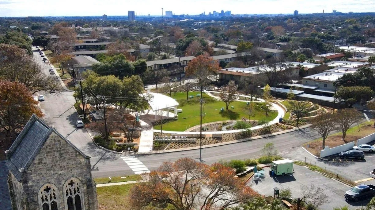 Aerial image showing the completed Charis Park at Sunset Ridge Church.