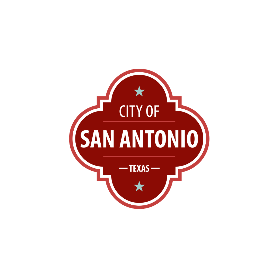 Black and white city of San Antonio, Texas sign with stars and decorative borders.