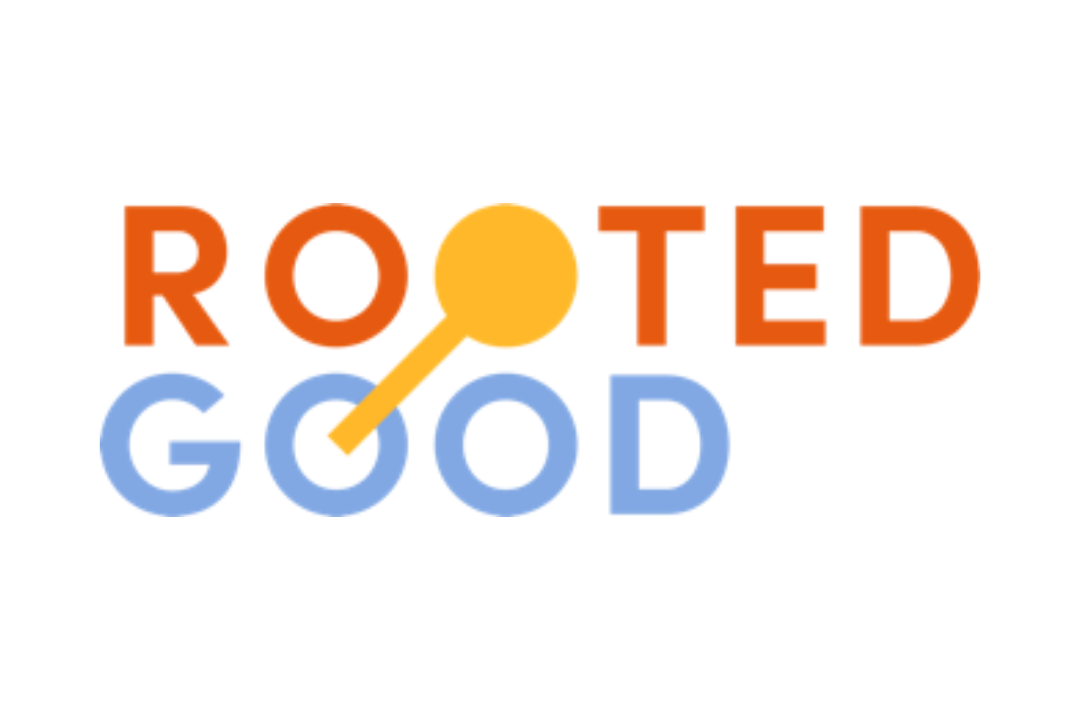 Logo with the words 'Rooted Good' and a pin symbol.