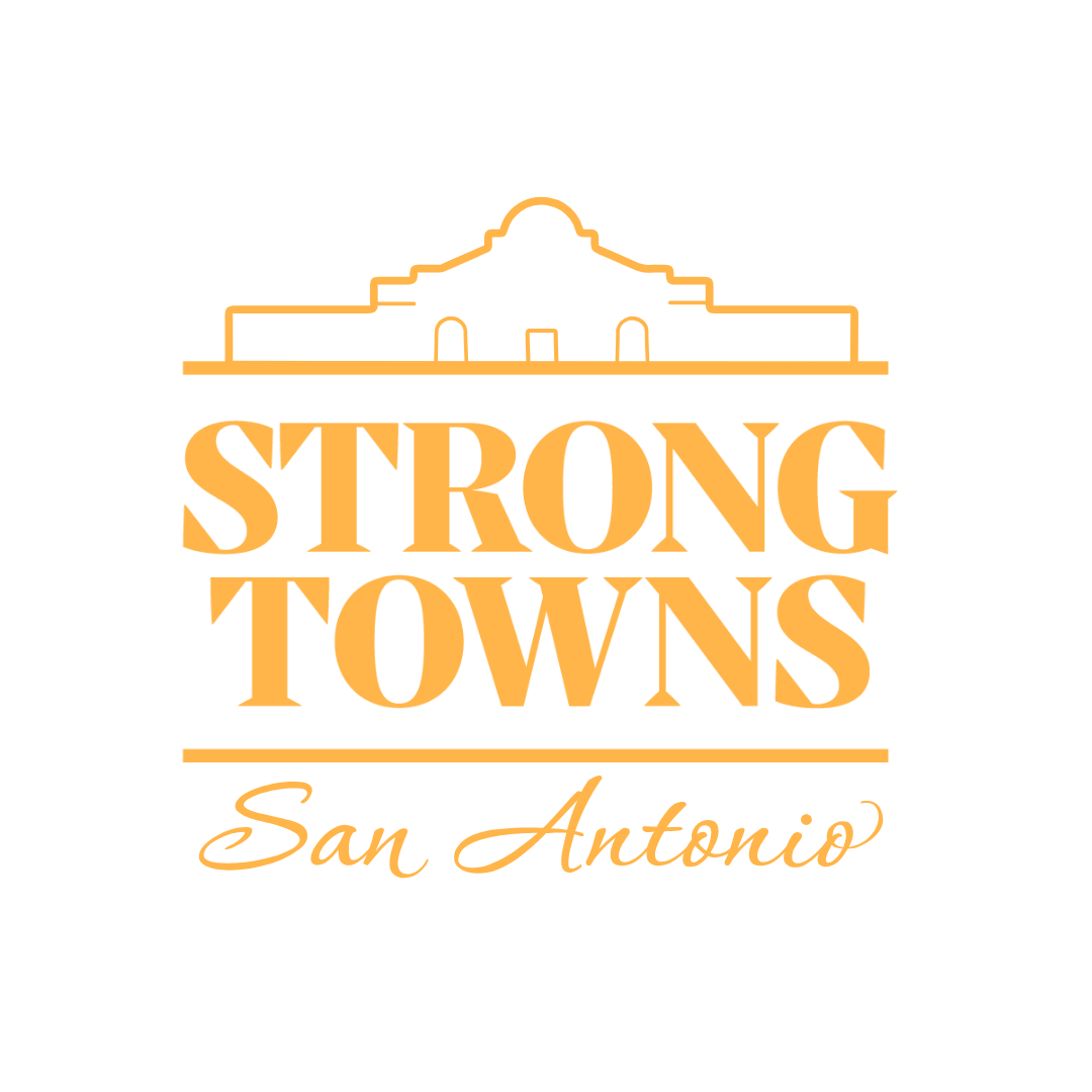 Logo for Strong Towns San Antonio with an outline of a building and orange text.