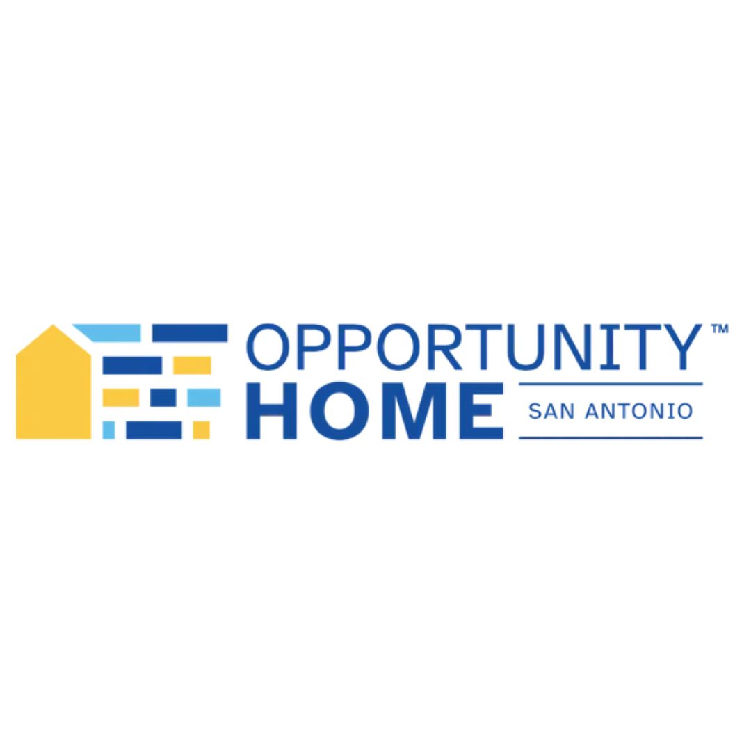 Logo for Opportunity Home in San Antonio, featuring a house icon and blue text.