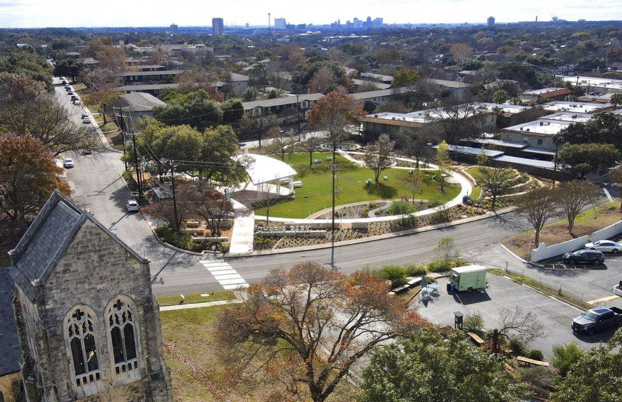 Aerial image showing the completed Charis Park at Sunset Ridge Church.