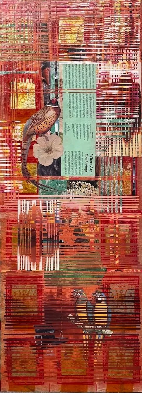 "Where Are You Going?" photocopied books, rice paper, dooms day pamphlet and glue on scrap wood. 
AVAILABLE
$1,500