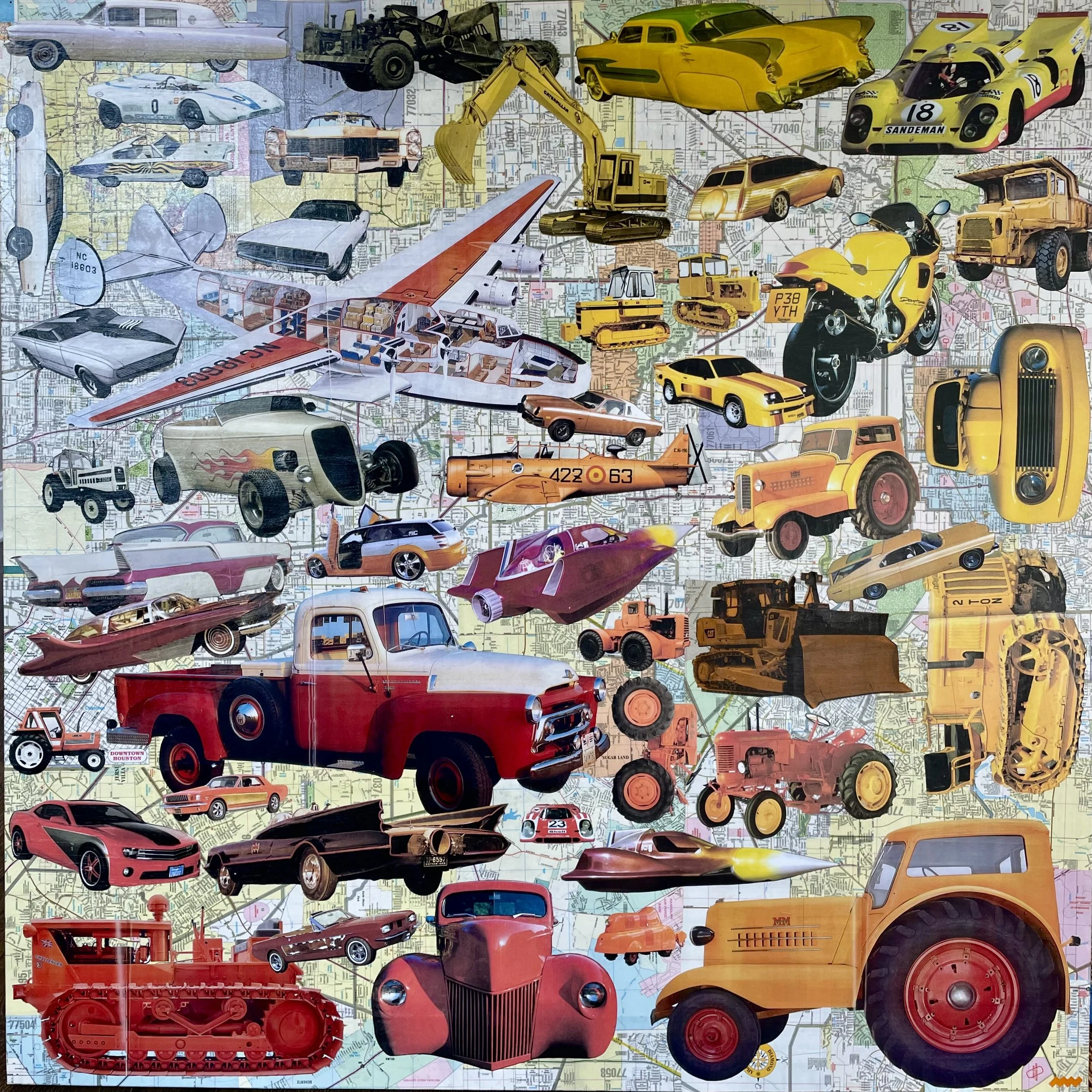 Transpo #1, collage on canvas, 3'x3'