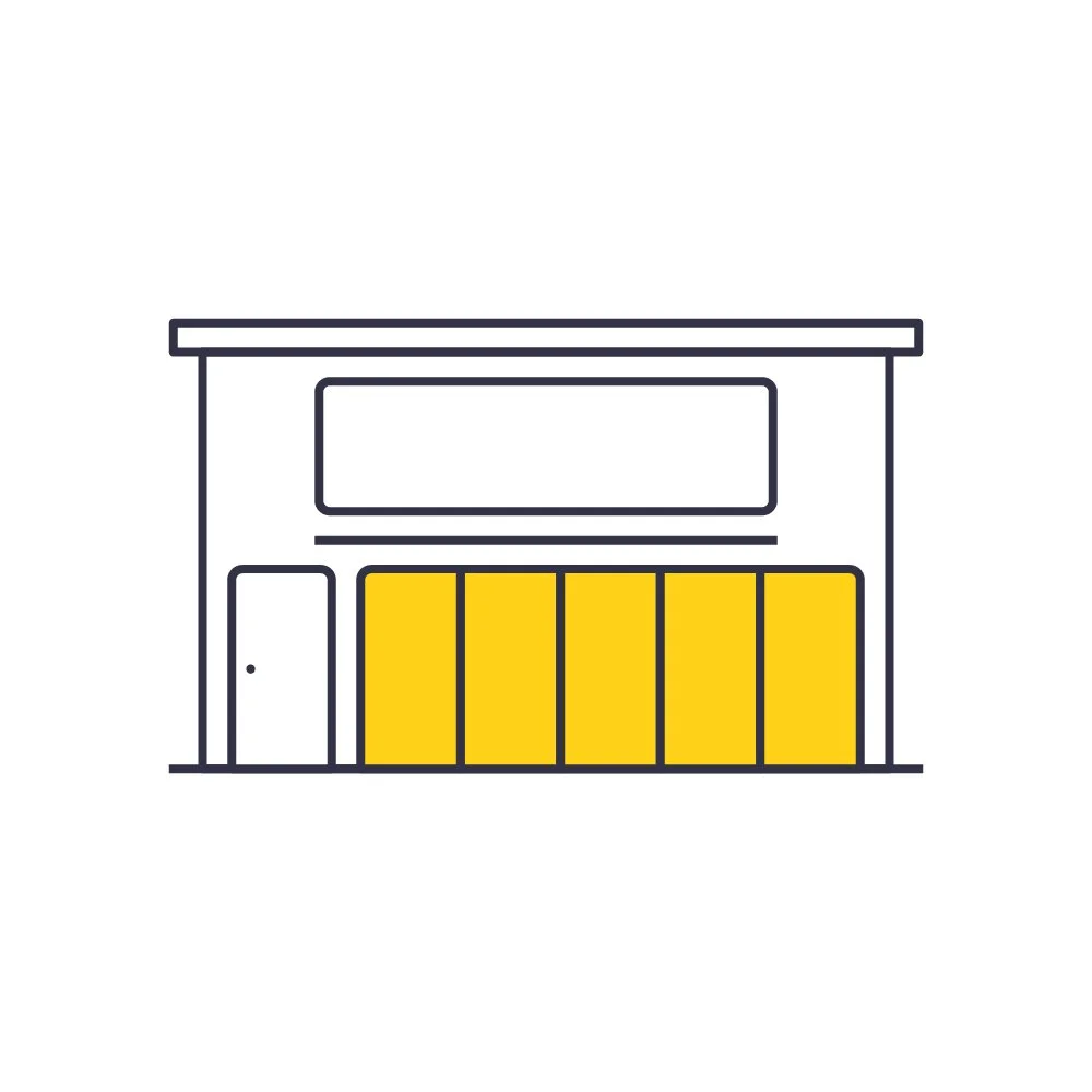 Ein einfaches, minimalistisches Geschäftssymbol mit gelben Türen und einem großen leeren Fenster