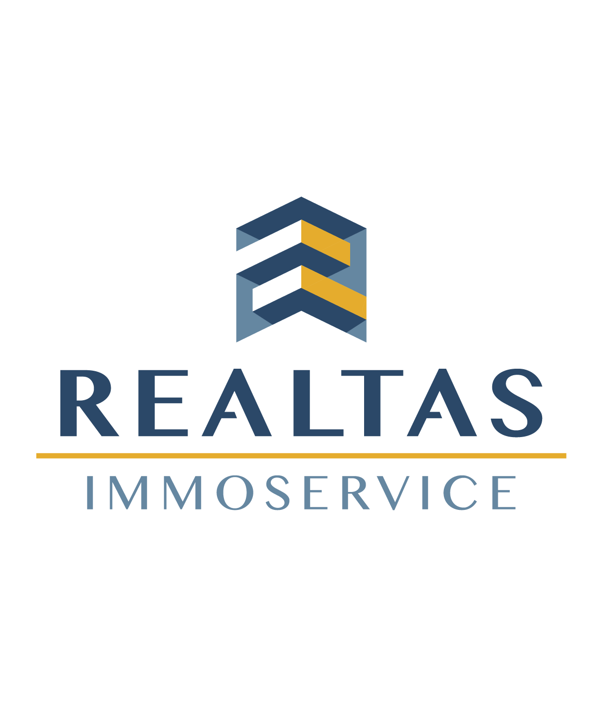 Logo mit einem stilisierten Gebäude in dunkelblau, gold und hellblau, darunter der Schriftzug 'REALTAS' in dunkler blauer Schrift, eine goldene Linie und der Schriftzug 'IMMOSERVICE'.