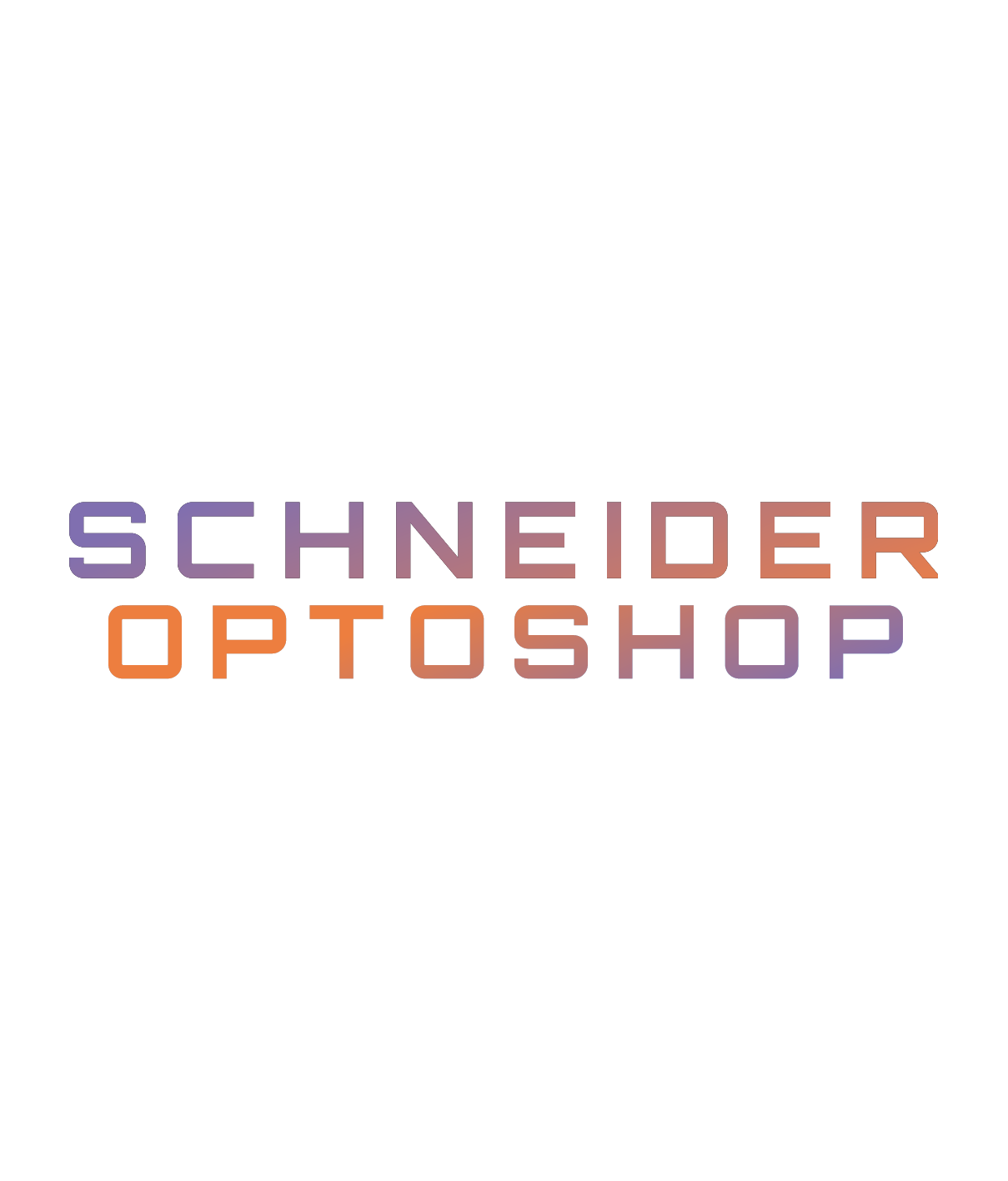 Grafik mit der Aufschrift "Schneider Optoshop" in 3D-Design mit Farbverlauf in Lila, Orange, Creme und Blau