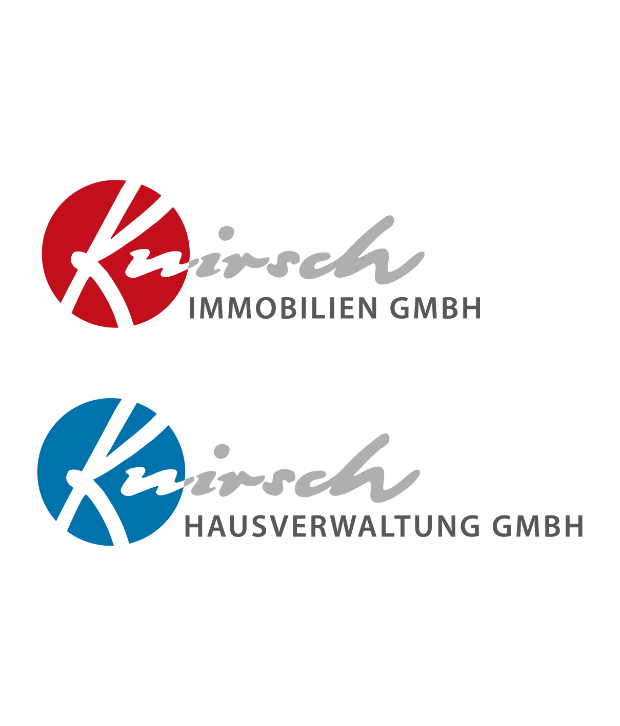 Zwei Logos, eines rot mit schwarzer Schrift für "Kraisch Immobilien GmbH" und eines blau mit schwarzer Schrift für "Kraisch Hausverwaltung GmbH".