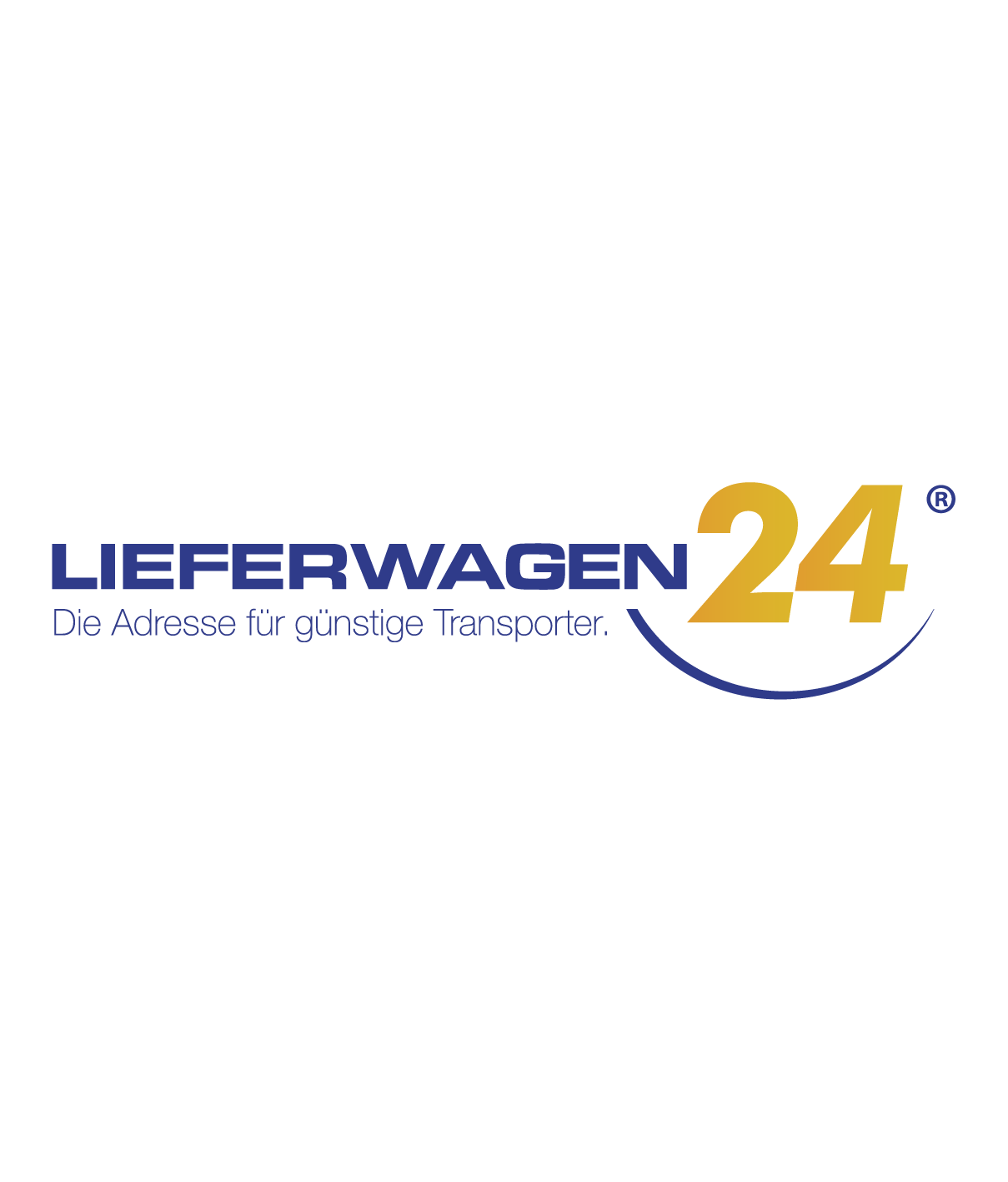 Logo für Lieferwagen24 mit dem Slogan 'Die Adresse für günstige Transporter' in Blau und Gold.
