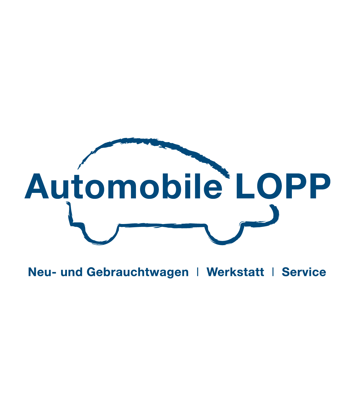 Logo des Autohauses Automobile LOPP, dargestellt durch eine stilisierte Kontur eines Autos in Blau mit dem Text 'Automobile LOPP' darüber und den Zusatz 'Neu- und Gebrauchtwagen | Werkstatt | Service' darunter.