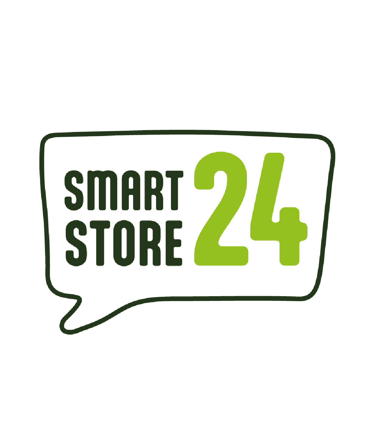 Ein Logo mit dem Text "Smart Store 24" in einer Sprechblasenform, wobei "Smart Store" in dunklem Grün und "24" in hellem Grün geschrieben ist.