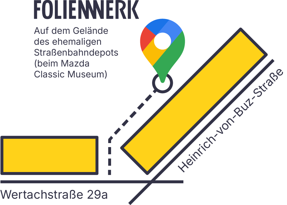 Grafik zeigt einen Lageplan für ein Folienerlebnis auf einem früheren Straßenbahn-Depot, mit Linienführung, Straßen- und Standortangaben, inklusive einem farbigen Marker auf einer Straßenkarte.