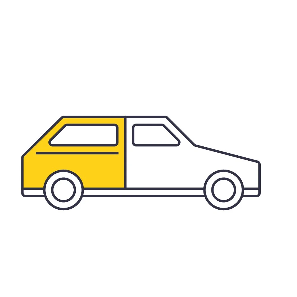 Ein einfaches, geometrisches Auto, das zur Hälfte gelb und zur Hälfte weiß gefärbt ist.