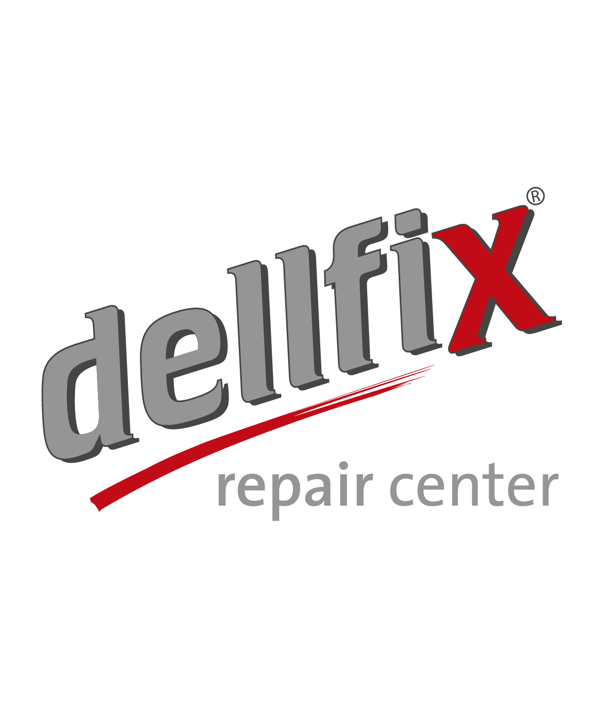 Logo des Reparaturcenters 'DelliFix' mit schwarzem Hintergrund, grauem und rotem Schriftzug, rote Unterstreichung.