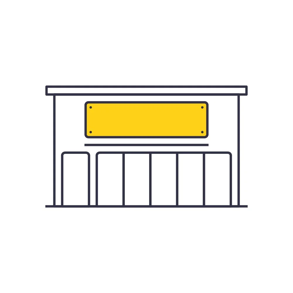 Ein minimalistisch gezeichnetes Laden- oder Geschäftsgebäude mit gelbem Schild an der Front.