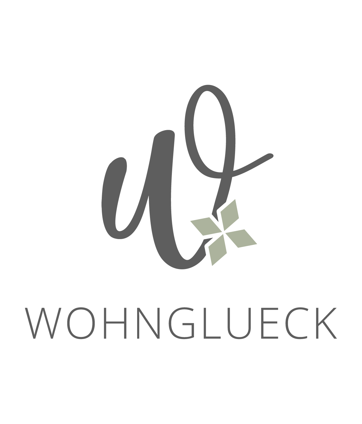 Logo mit der stilisierten Buchstabe 'w' und einer grünen Blume, darunter der Schriftzug 'WOHNGLUECK'.
