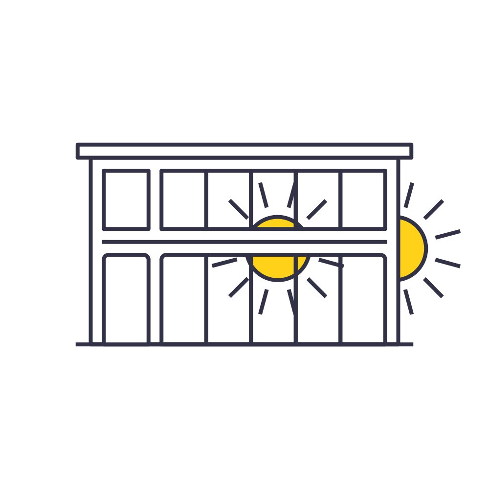 Symbolische Illustration eines Gebäudes mit Sonne und Sonnenstrahlen, zeigt Tageszeit bei Sonnenaufgang oder -Untergang.