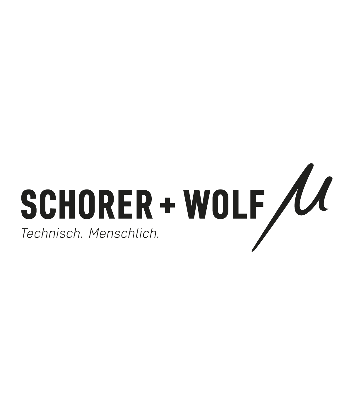 Schriftzug mit dem Text SCHORER + WOLF' und darunter die Worte 'Technisch. Menschlich.' auf schwarzem Hintergrund, mit einer stilisierten, schwarzen Linie und einem gräulichen Schriftzug.