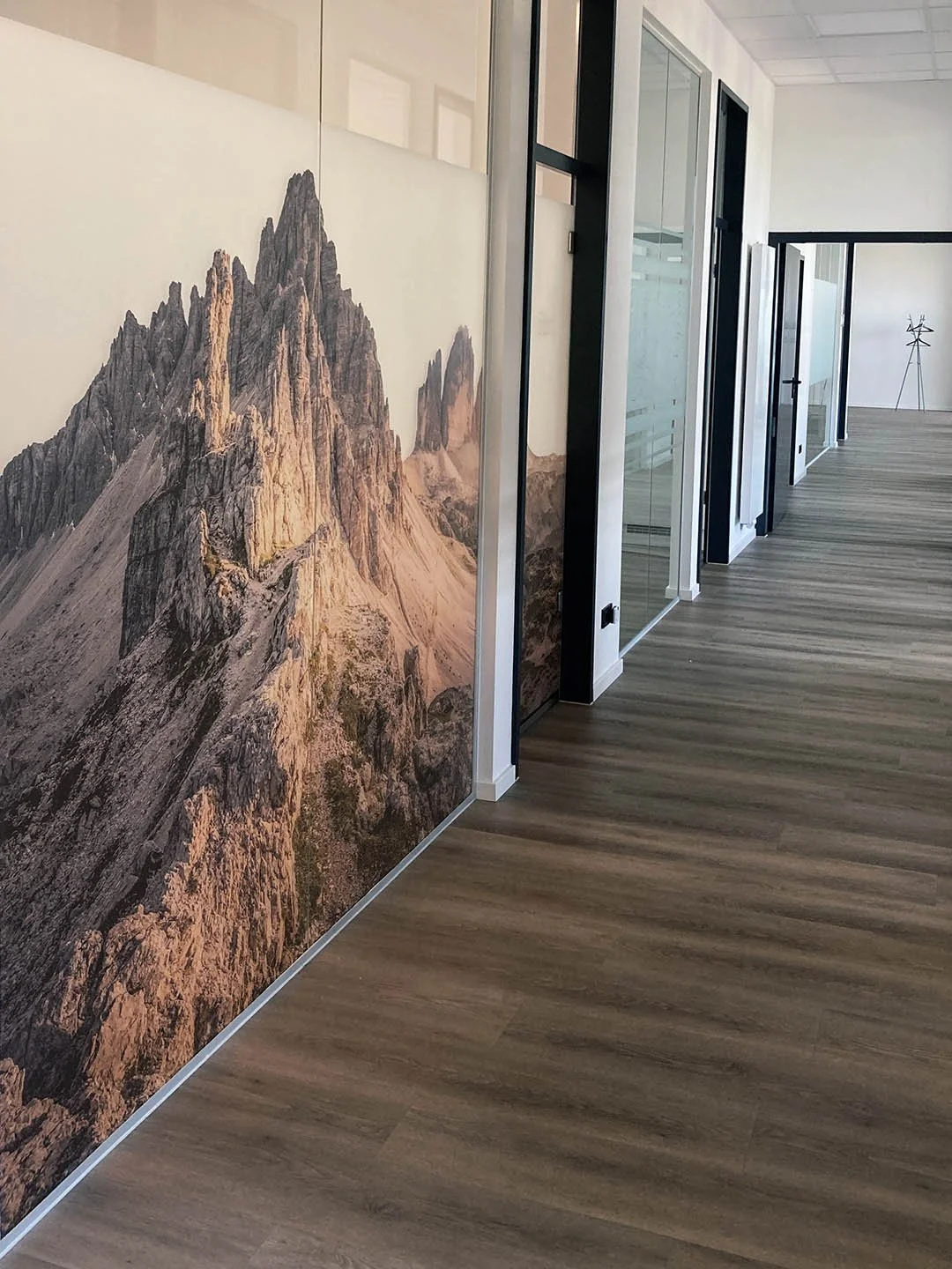 Innenansicht eines Flurs mit Wandtapete, die Berge zeigt, und modernen Glastüren.